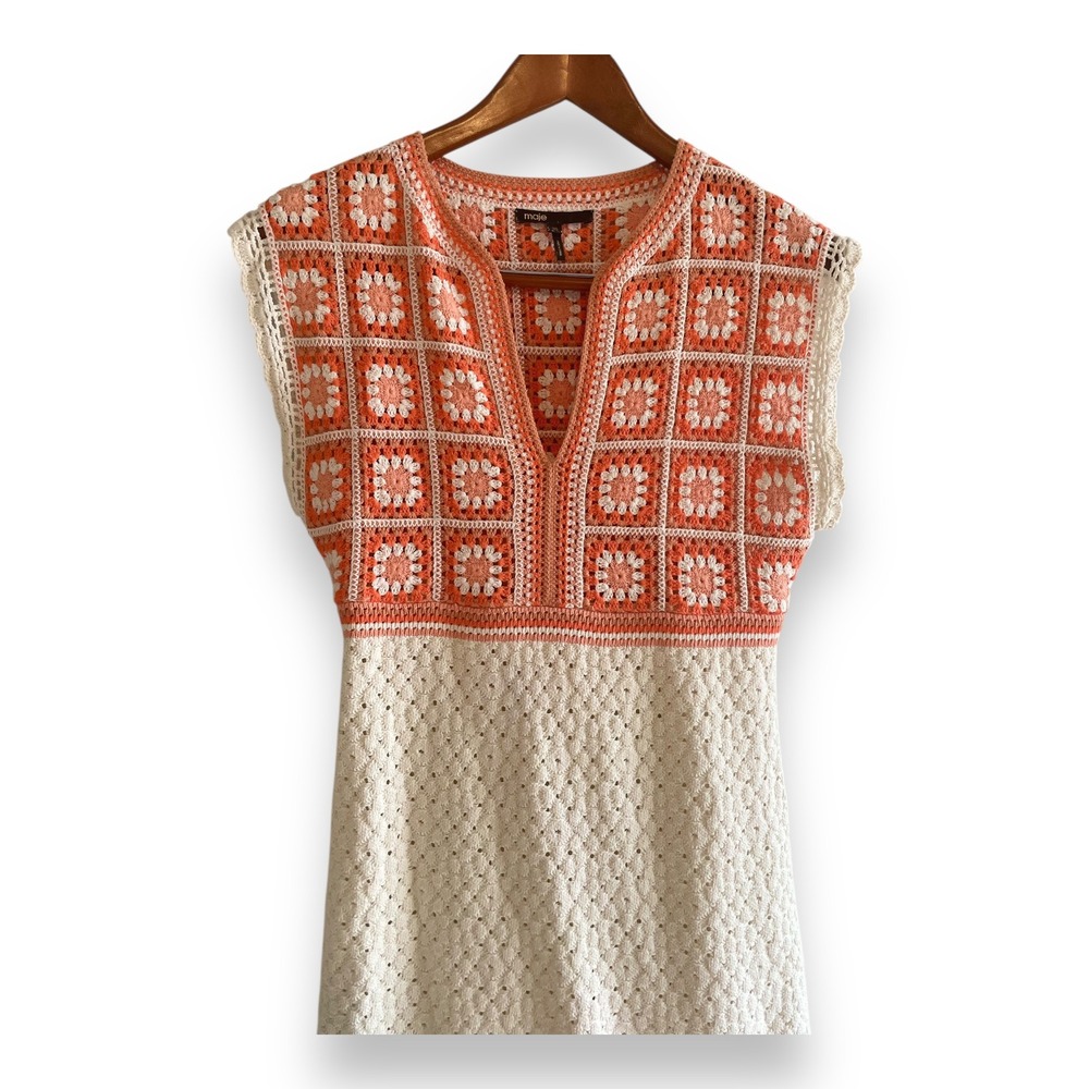 Maje Roby Two-Colour Crochet Mini Dress Orange Cream Pointelle Size Small FR38 - Picture 2 of 5